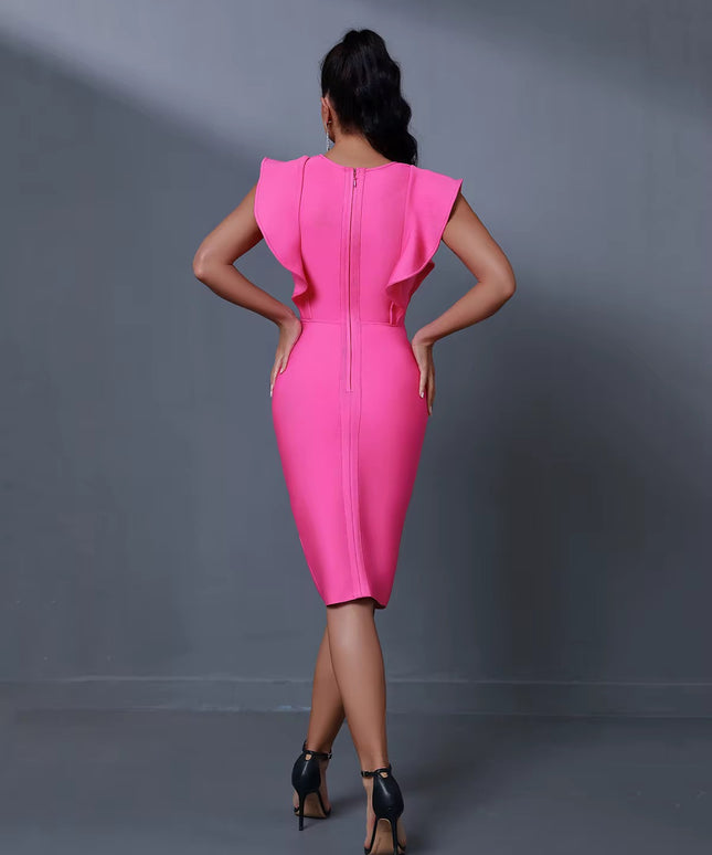 Vestido Bandage Rosa com Babado e Decote em V Profundo