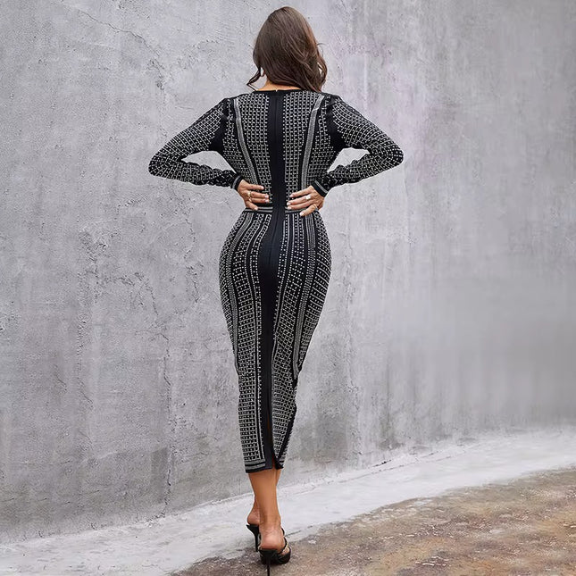Black bandage dress with silver sequins - V-neck, elegant party dress.