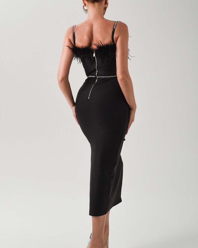 Elegant Black Midi Dress with Feather Details - Sophisticated Gala Party Dress