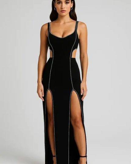 Robe longue à bandage avec des détails en cristal sur le cœur preta.