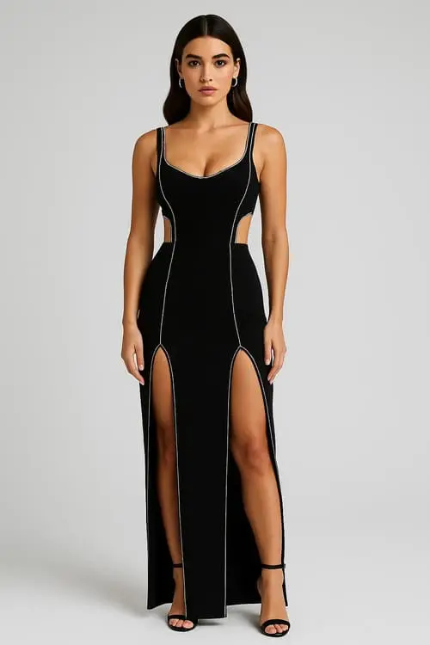 Elegant Black Bandage Long Dress with Crystal Details - Party and Ceremony