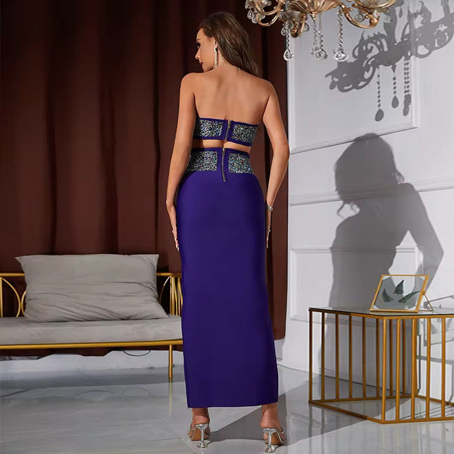 2-Piece Strapless Ball Gown Set with Rhinestones - Elegant Party Bandage