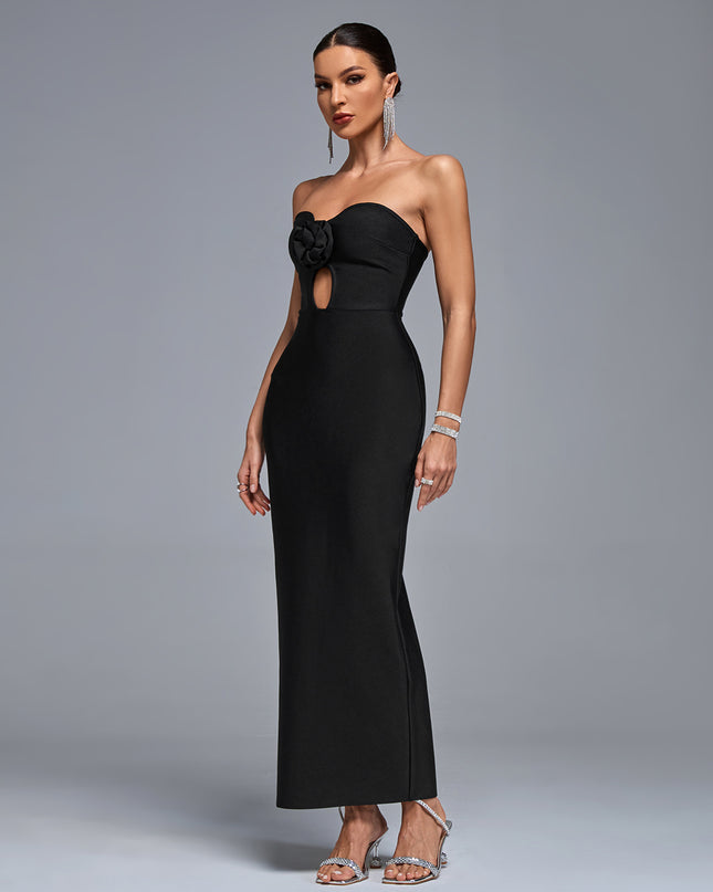 Vestido longo sem alças com recortes