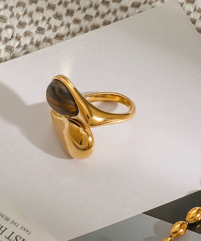 Anel Dourado em Aço Inoxidável com Pedra Natural