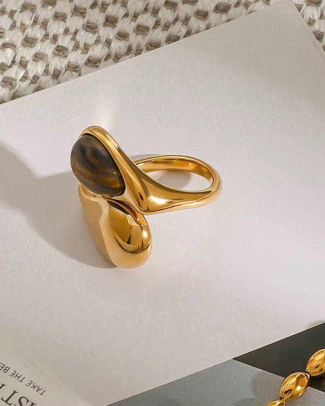Anel Dourado em Aço Inoxidável com Pedra Natural