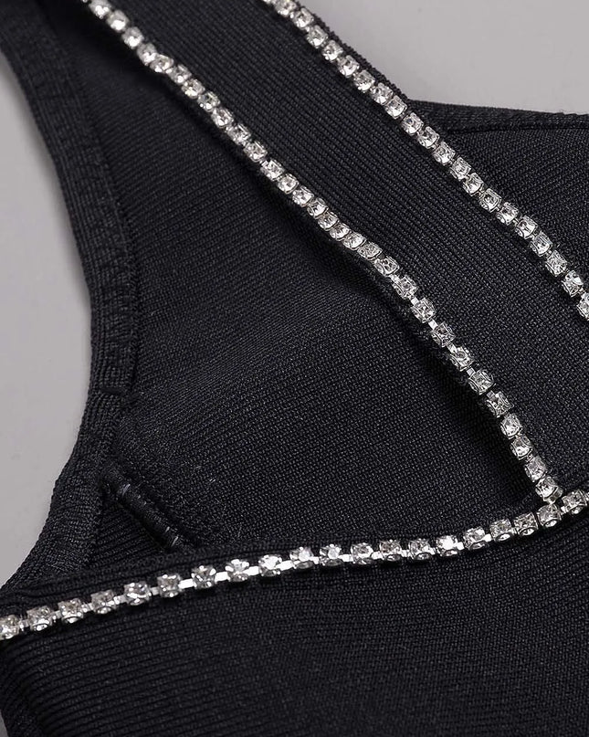 Elegant Black Bandage Long Dress with Crystal Details - Party and Ceremony