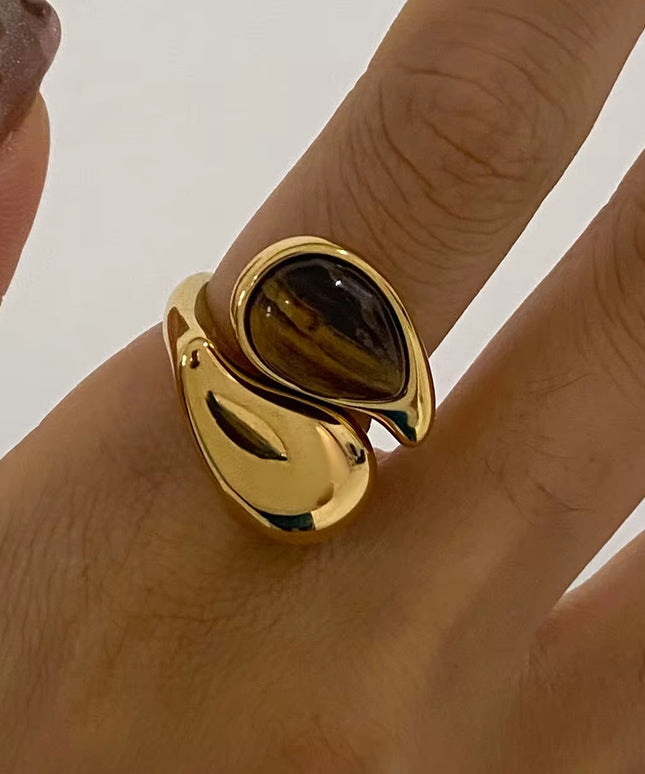 Anel Dourado em Aço Inoxidável com Pedra Natural
