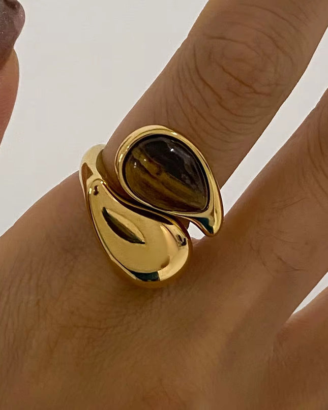 Anel Dourado em Aço Inoxidável com Pedra Natural