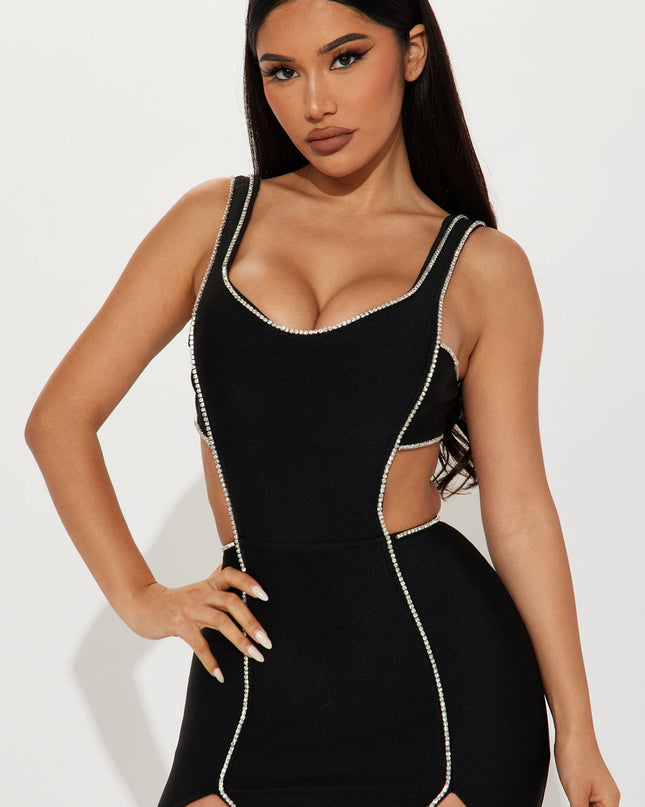 Elegant Black Bandage Long Dress with Crystal Details - Party and Ceremony