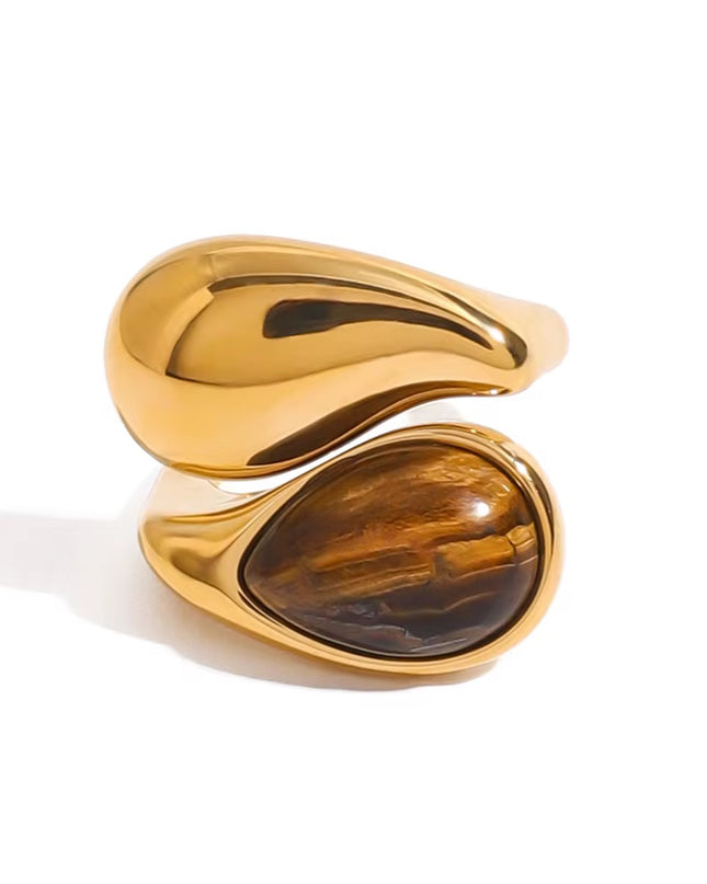 Anel Dourado em Aço Inoxidável com Pedra Natural