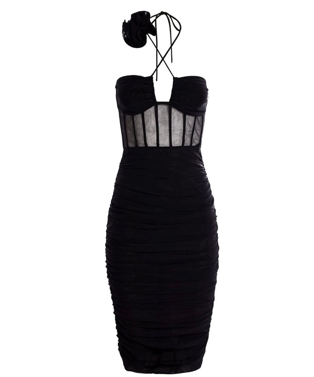 Vestido Midi Preto com Corpete Estruturado e Tule – Decote Halter
