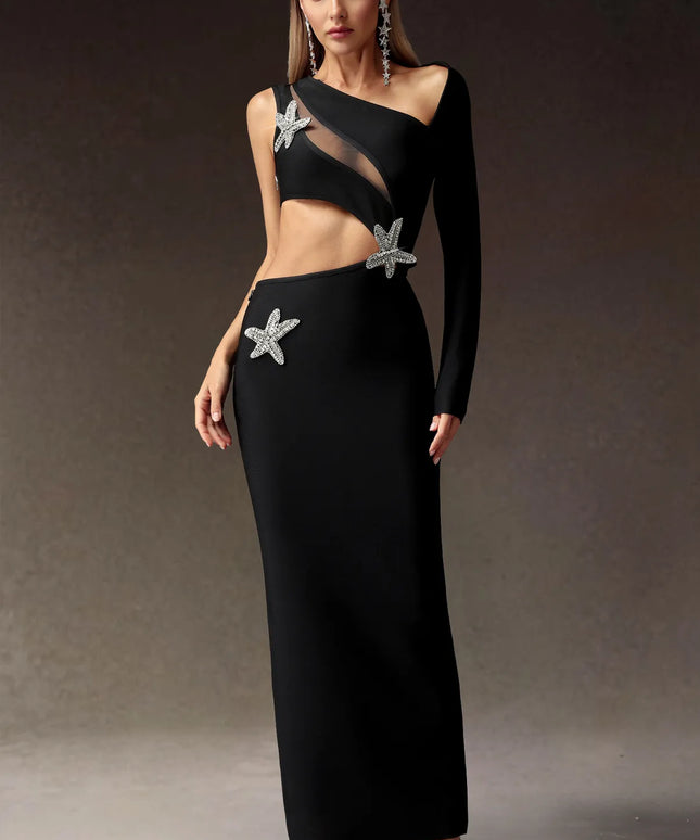 Vestido longo com fenda e um Ombro