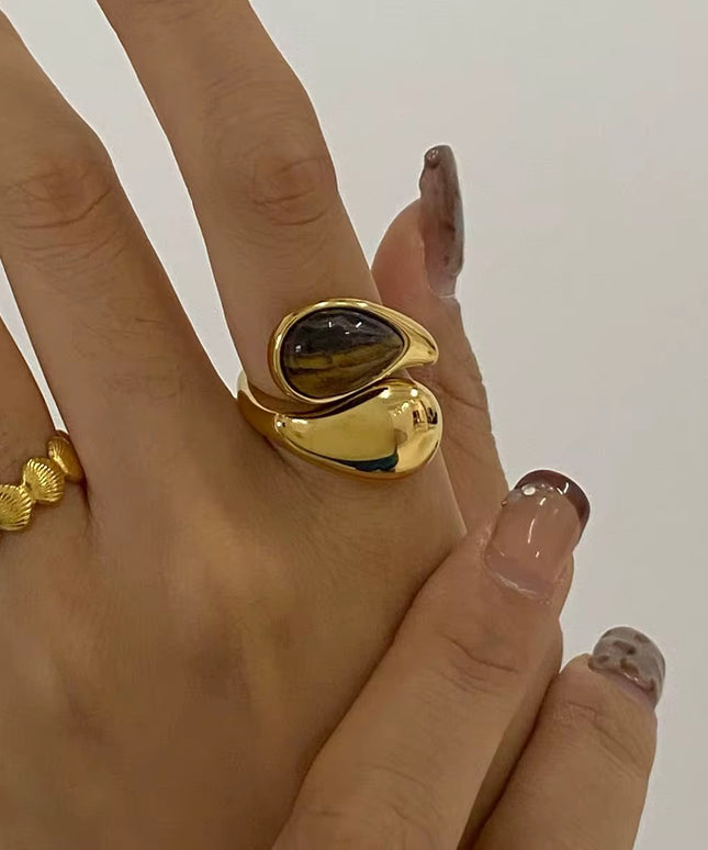 Anel Dourado em Aço Inoxidável com Pedra Natural