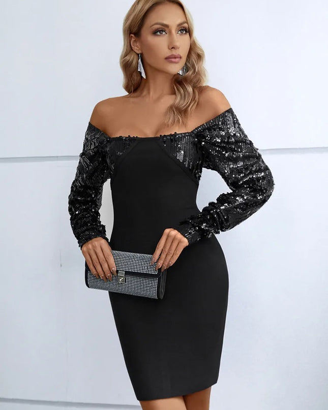 Vestido curto de lantejoulas com ombros á mostra - preto