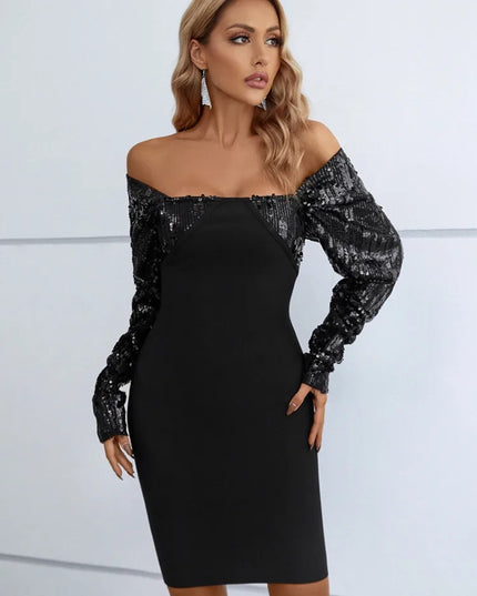 Vestido curto de lantejoulas com ombros á mostra - preto