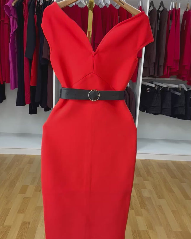 Vestido Midi com decote em V e faixa aberto la